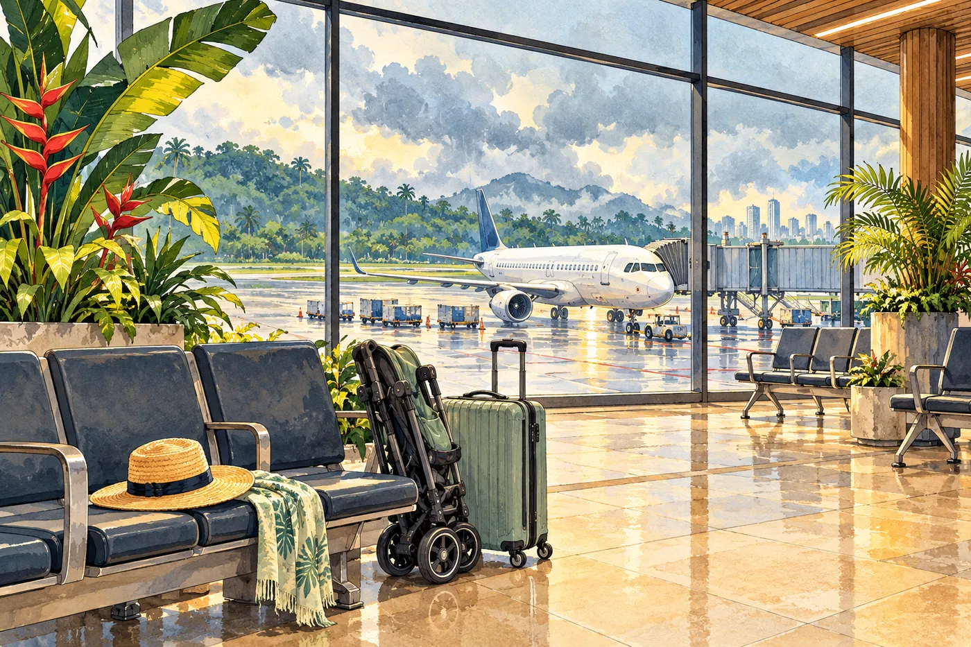 Painted tropical airport gate with empty seating, a folded stroller, small bag and narrow-body jet outside under soft rain clouds.