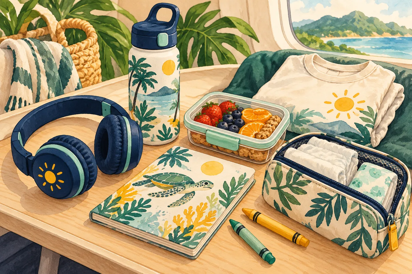 Painted family connection kit with headphones, a water bottle, activity book, snack box, spare shirt and travel pouch.