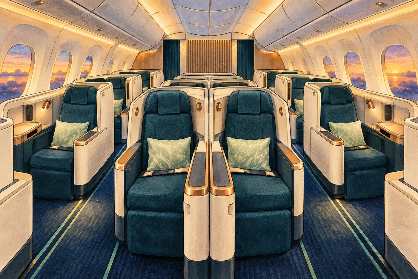 Painted empty wide-body cabin with dark teal individual seats, ivory shells, center pairs and soft dusk light.