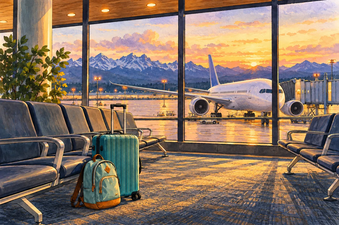 Painted Canadian airport gate at dusk with empty chairs, teal carry-on bags, a wide-body jet and distant mountains.
