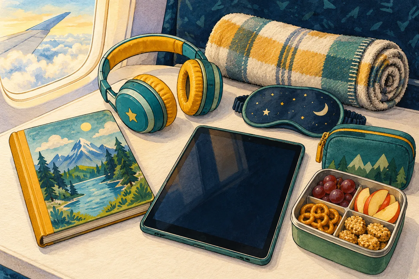 Painted long-flight rest kit with headphones, a rolled blanket, eye mask, closed storybook, blank tablet and small snack box.