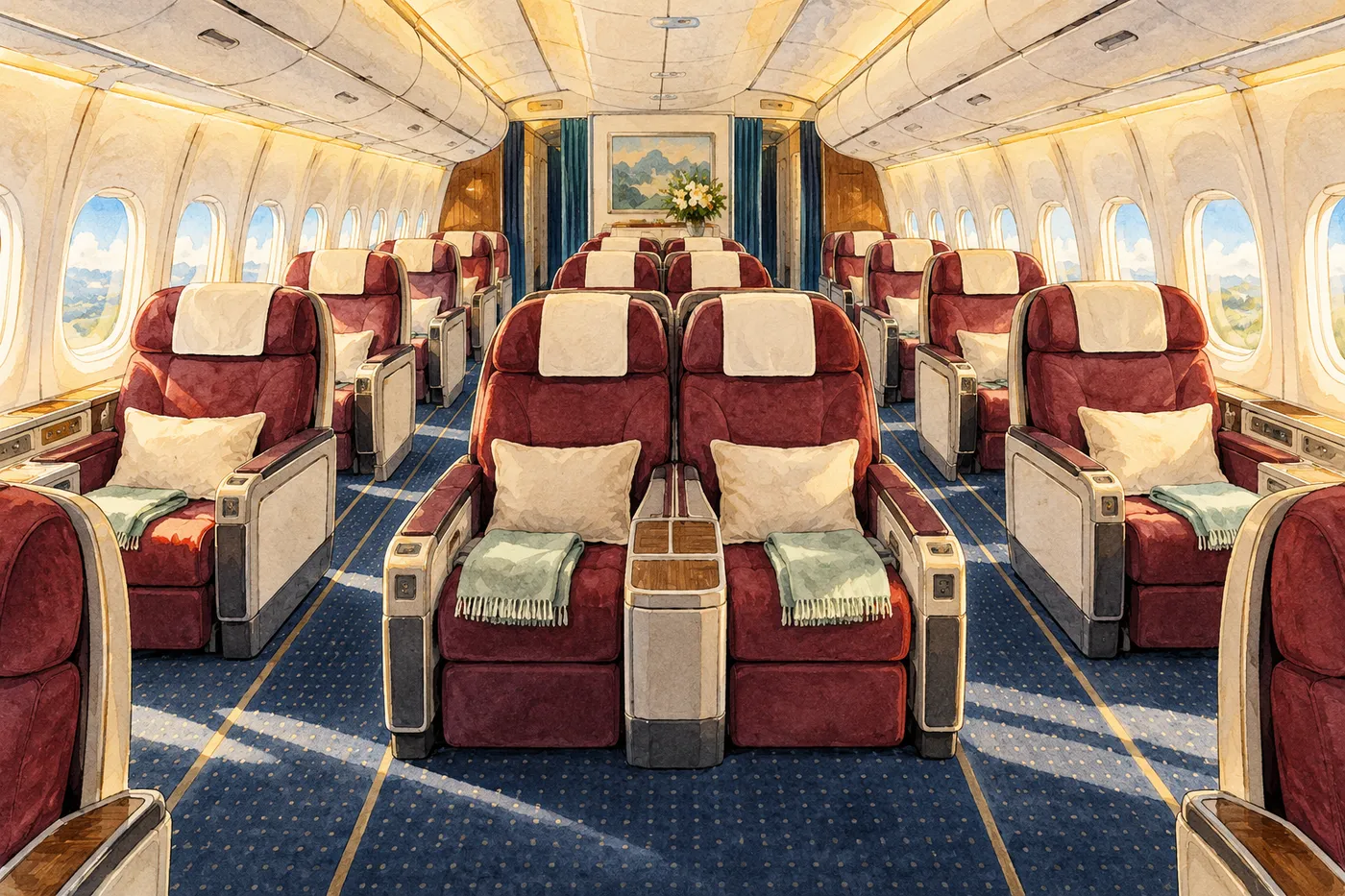 Painted empty wide-body cabin with burgundy open seats in three pairs across two aisles and warm daylight.
