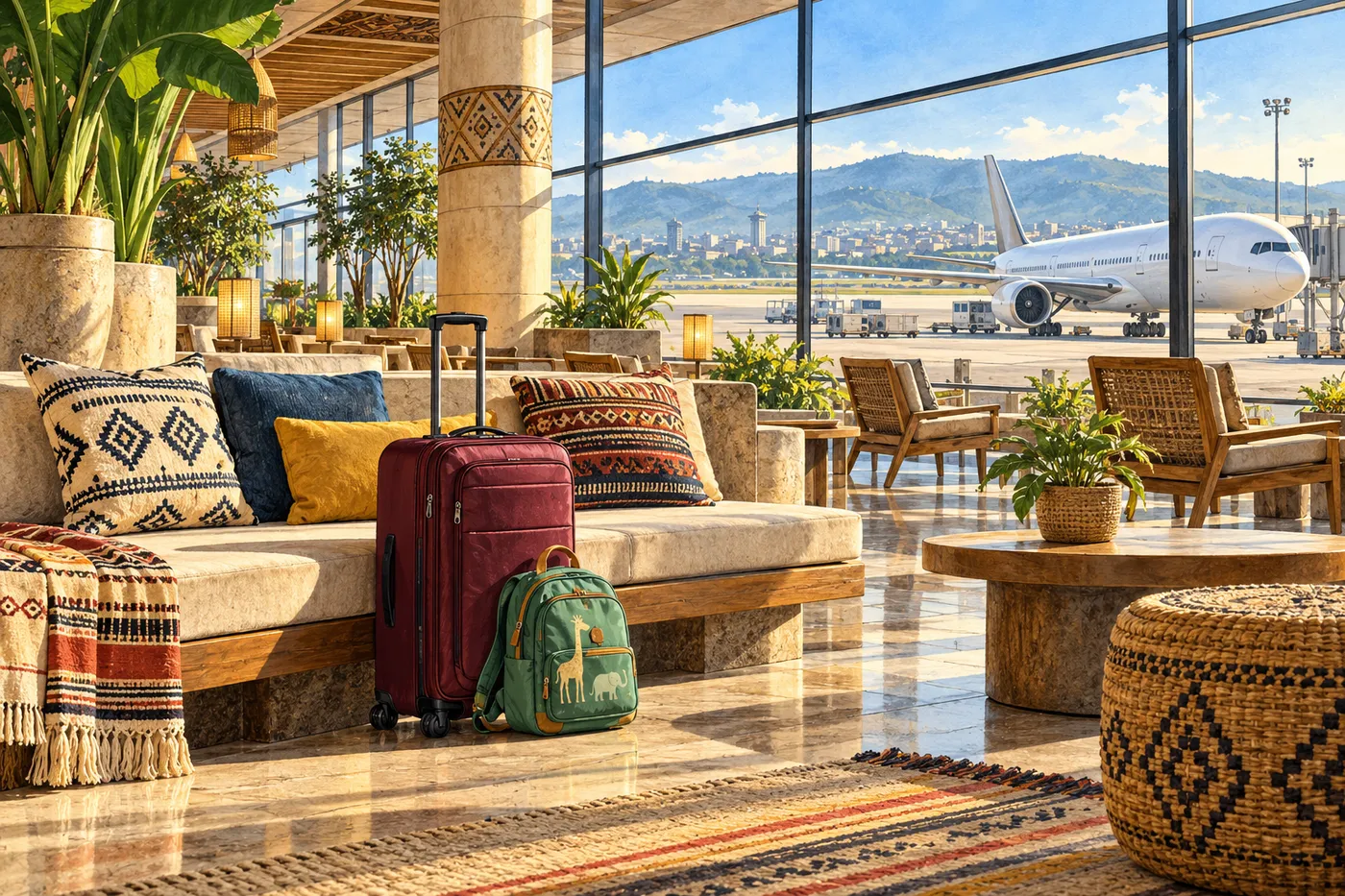 Painted bright airport transit lounge with woven details, empty seating, burgundy luggage and a wide-body aircraft outside.