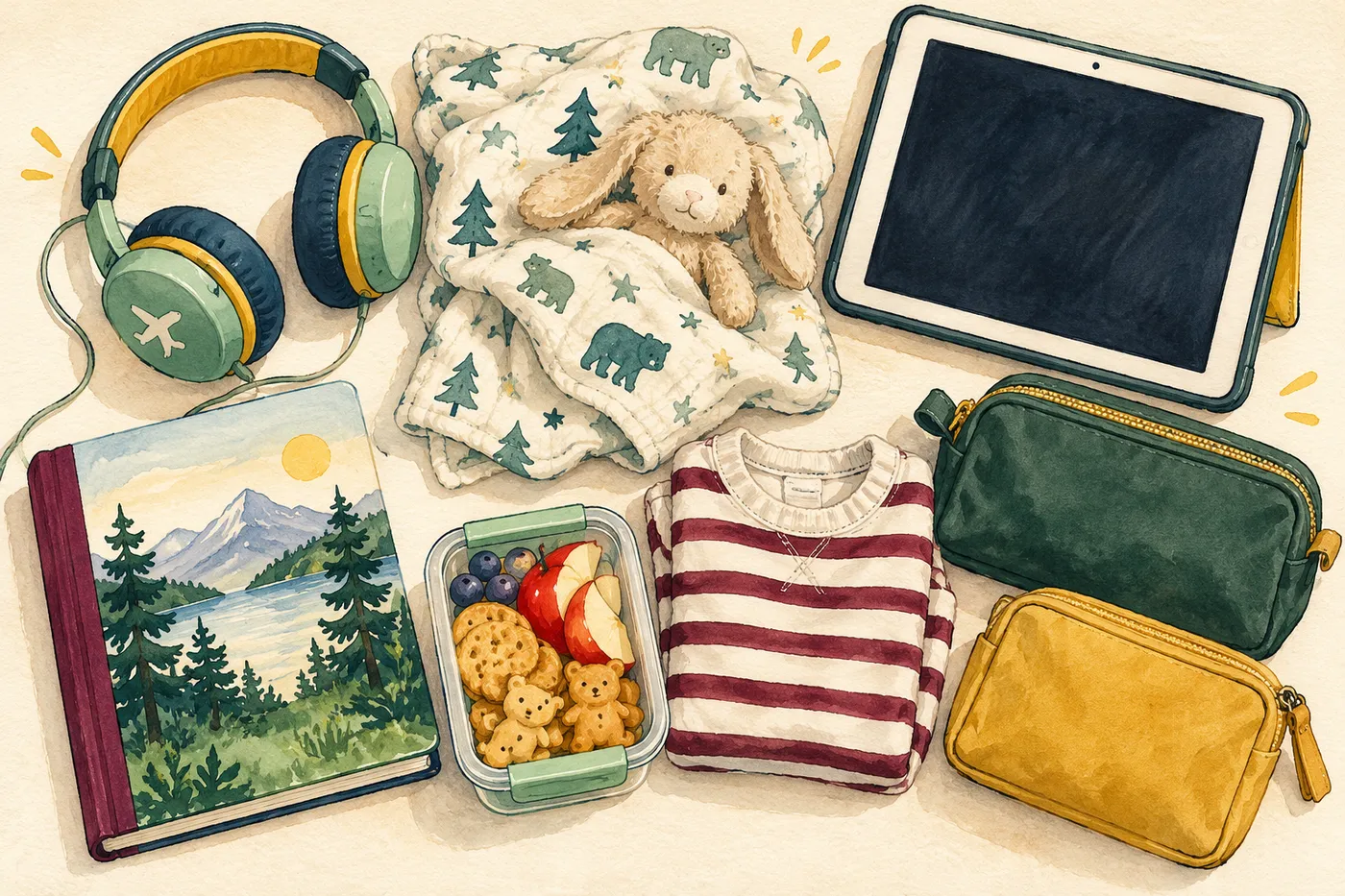 Painted long-haul family kit with headphones, a small blanket, blank tablet, closed storybook, snacks, spare shirt and zip pouches.