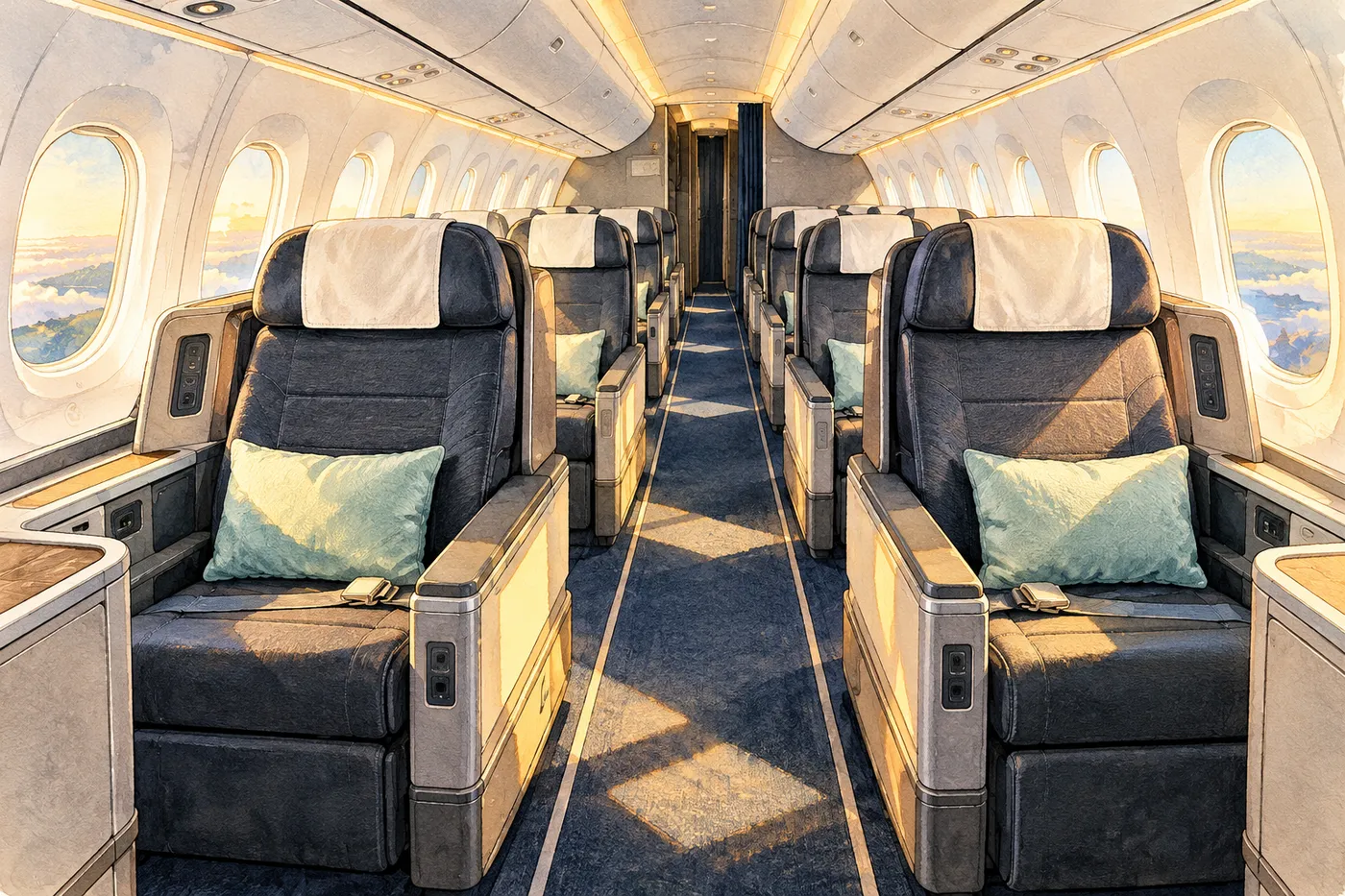 Painted empty narrow-body cabin with charcoal paired recliners, cream headrests, personal dark screens and morning window light.