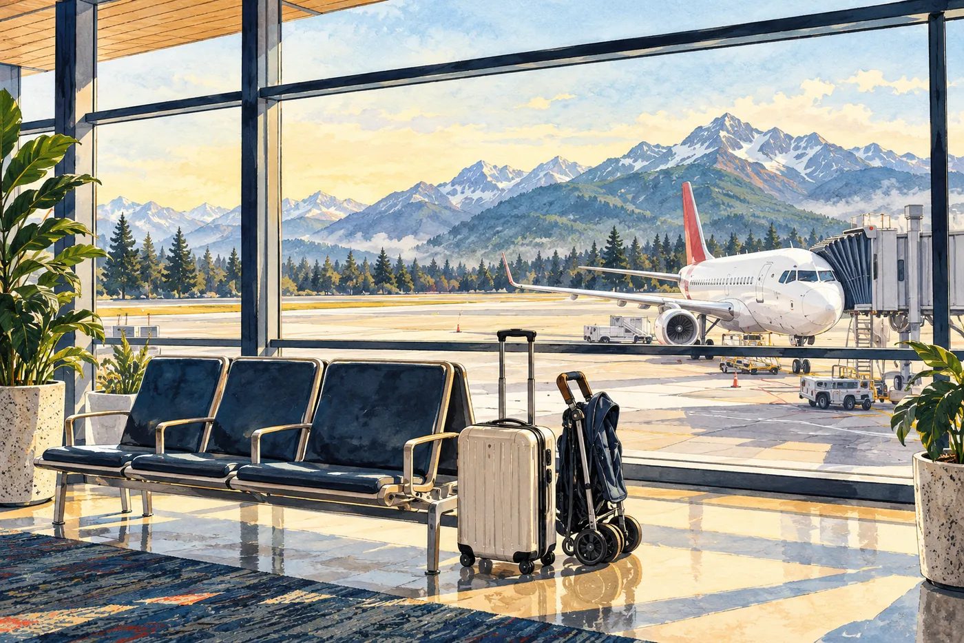 Painted Canadian airport gate with empty benches, a small carry-on, folded stroller and a narrow-body jet outside near distant mountains.