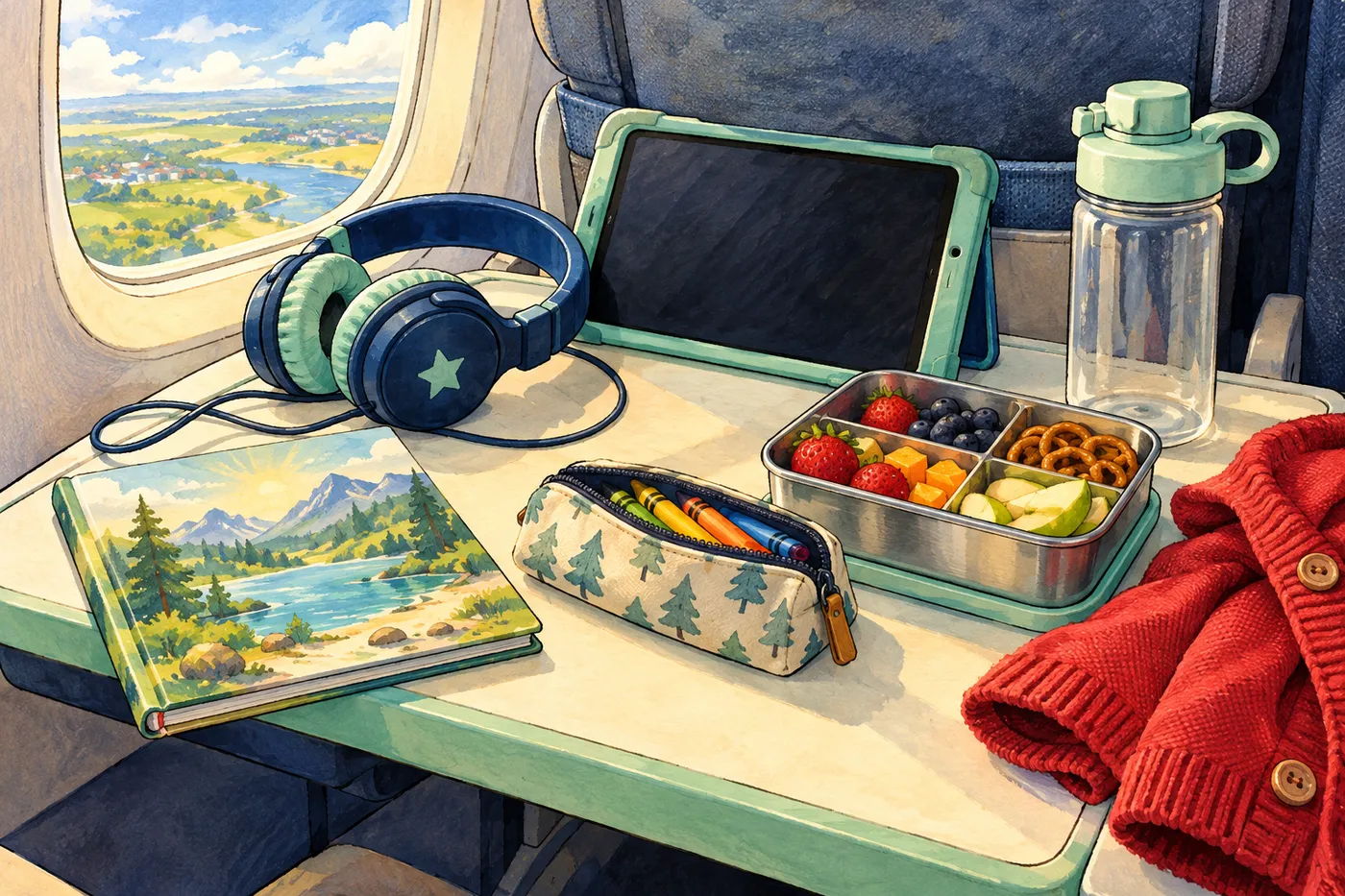 Painted short-flight activity kit with child headphones, blank tablet, closed picture book, crayon pouch, snack box, water bottle and red cardigan.