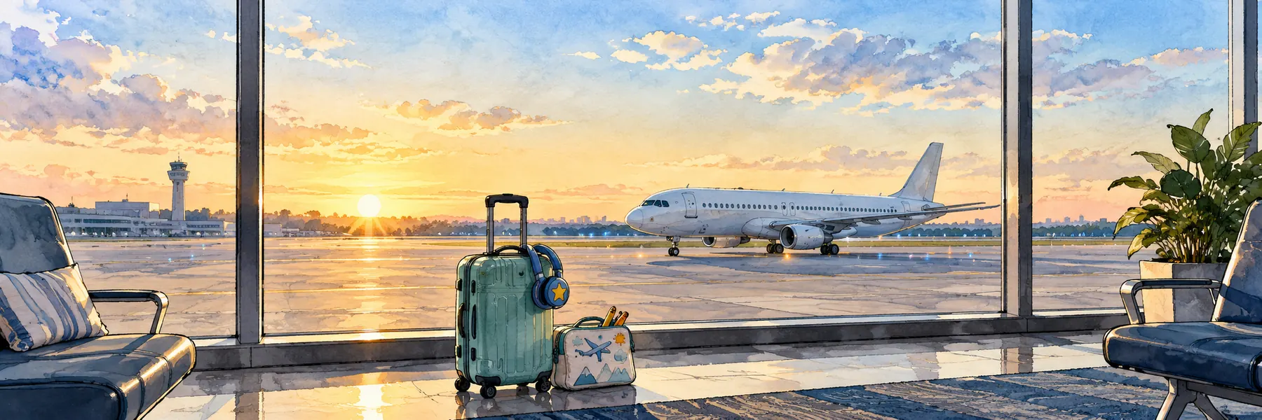 Painted airport gate with a narrow-body jet outside and neatly arranged family travel bags.