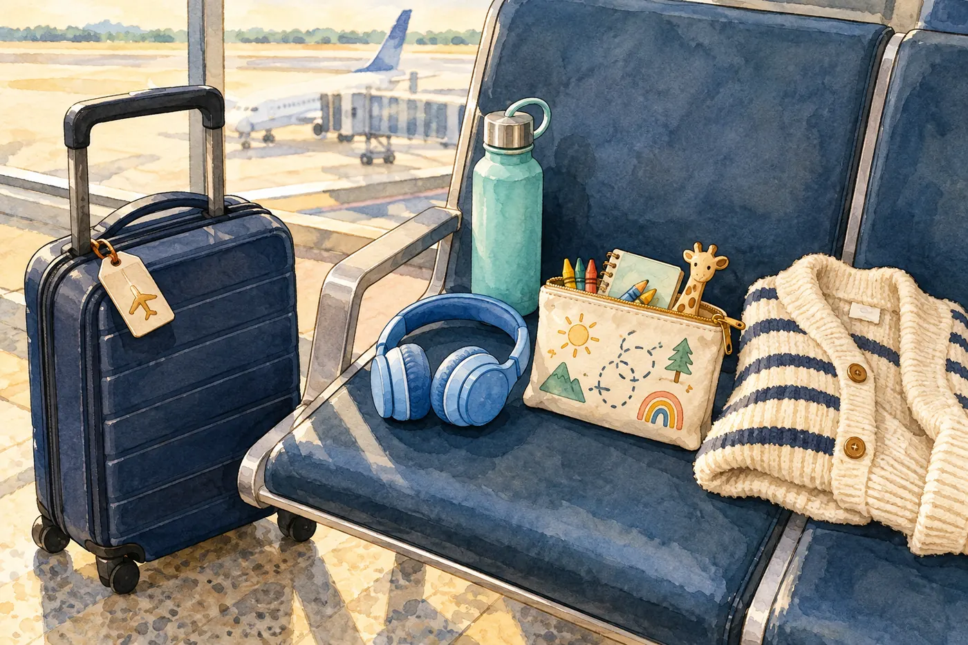 Child headphones, an activity pouch, water bottle and cardigan arranged beside a carry-on at an airport gate.
