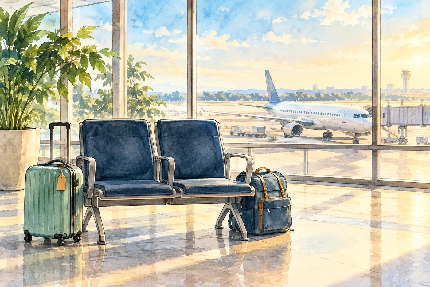 Two carry-on bags beside adjacent seats in a quiet airport gate area.