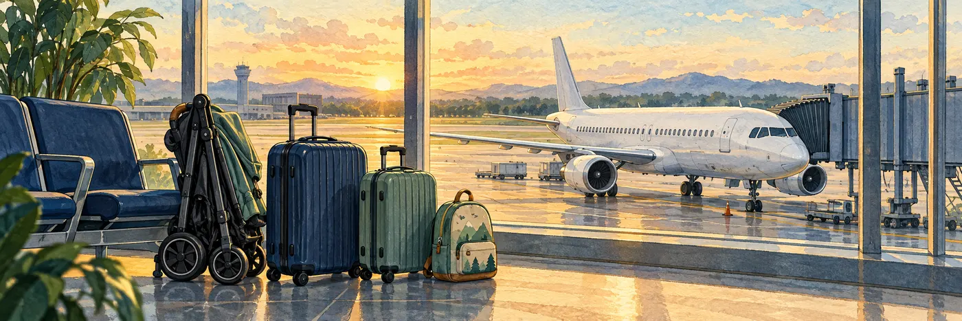 Painted airport gate with a narrow-body aircraft outside and family travel bags near the windows.