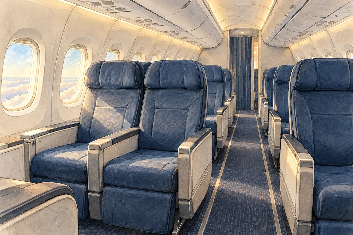 Two pairs of empty blue aircraft seats across a narrow aisle.