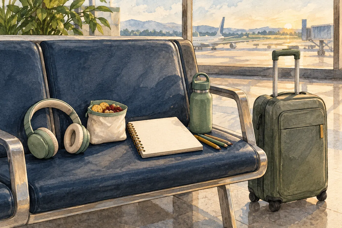 Children’s headphones and a small travel activity kit beside a carry-on at an airport gate.