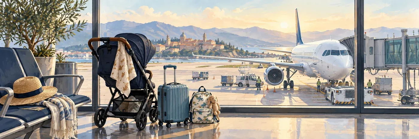 Generic narrow-body aircraft at an airport gate beyond a stroller and family carry-ons in soft morning light.