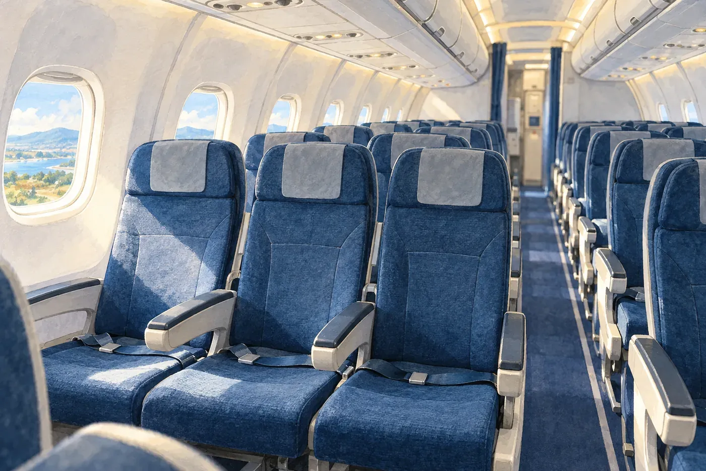 Rows of unoccupied blue-gray seats inside a narrow-body aircraft cabin, lit by daylight from the windows.
