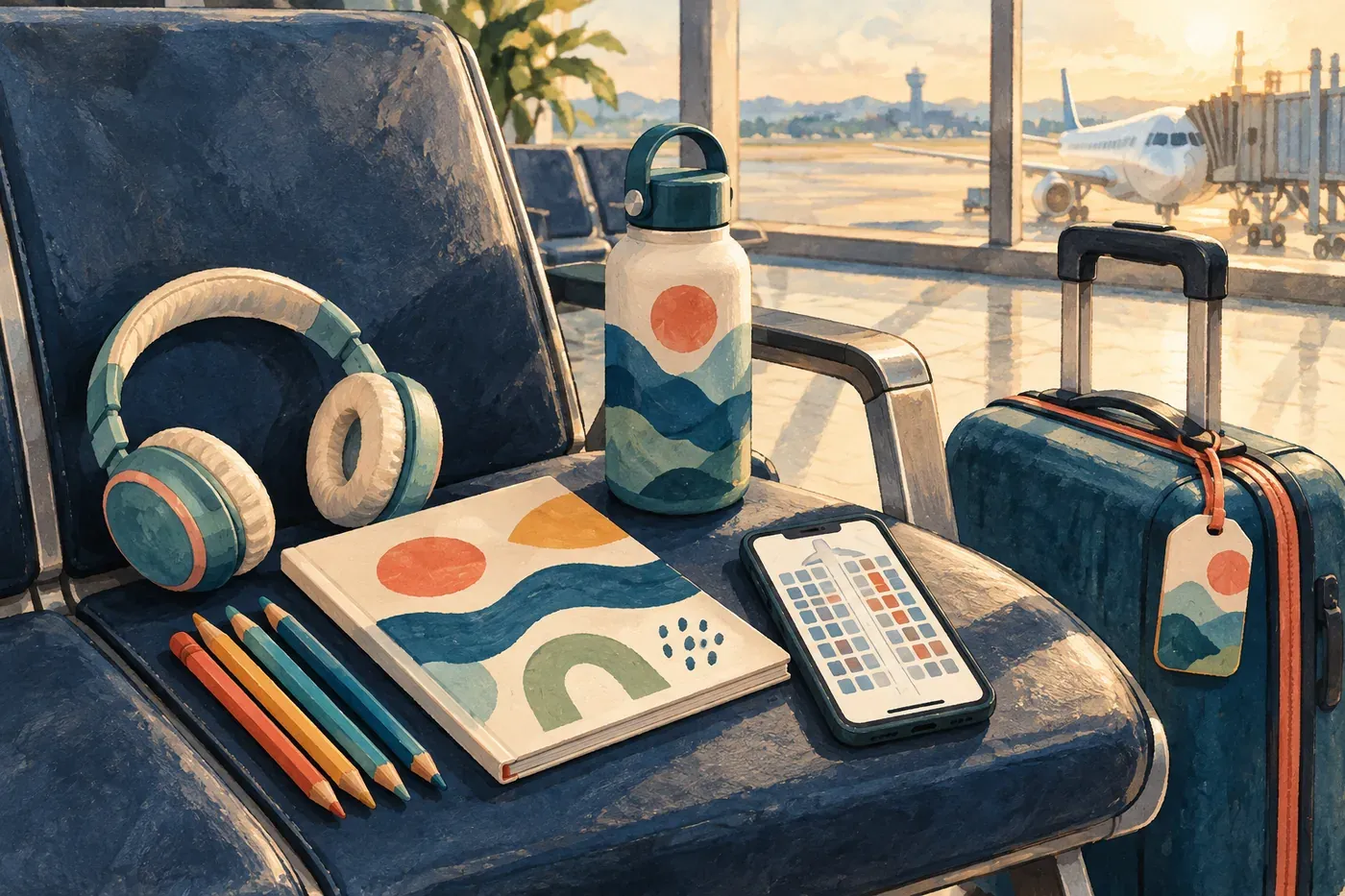 Child headphones, colored pencils, an activity book, water bottle and phone arranged beside a carry-on at an airport gate.