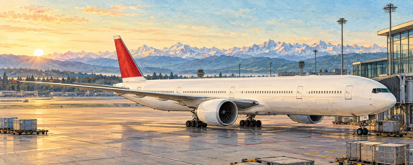 A white twin-engine widebody parked at an airport gate at sunrise, with distant mountains behind it.