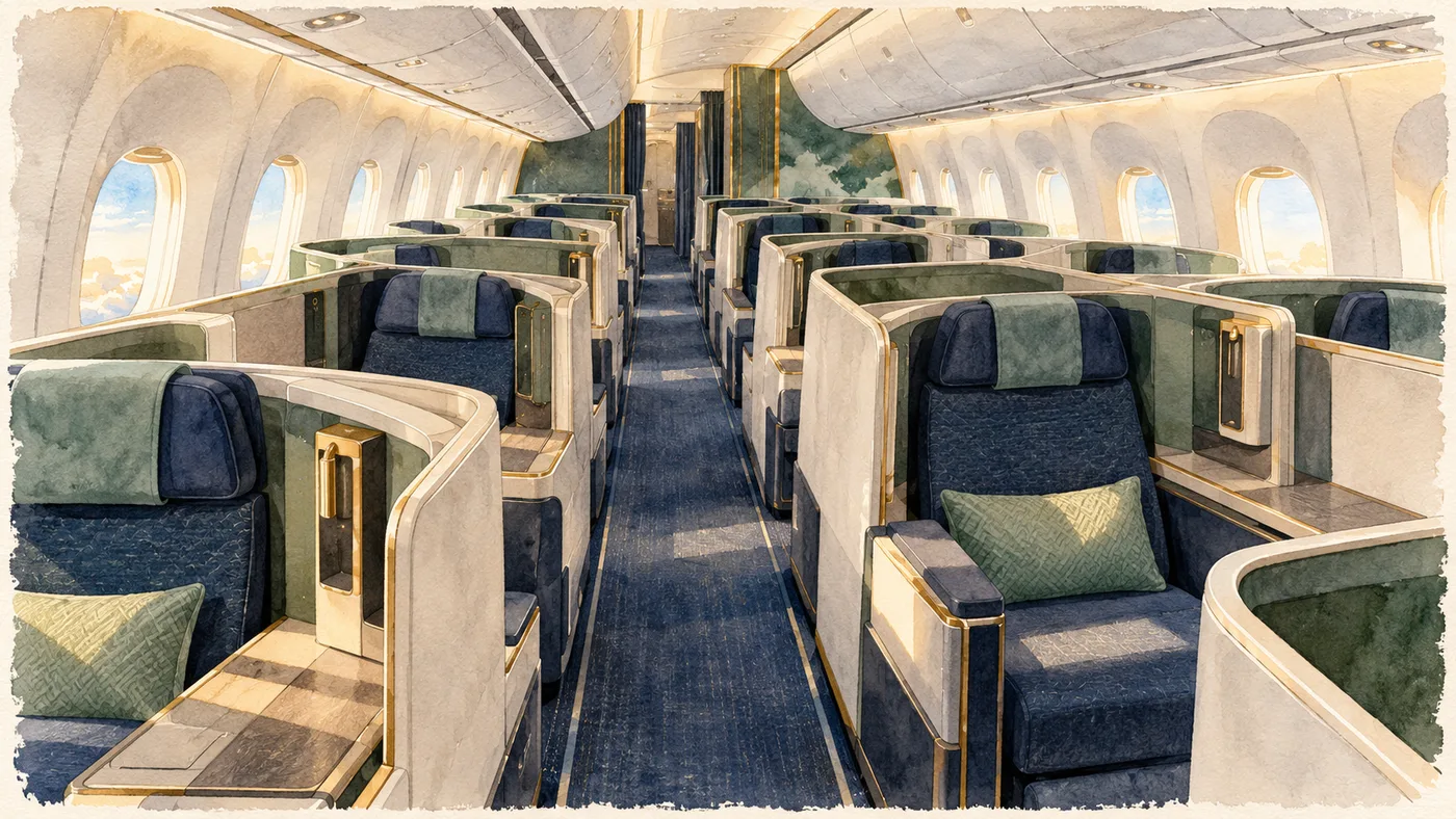 Unoccupied navy and green lie-flat seats with individual consoles along a softly lit aircraft cabin aisle.