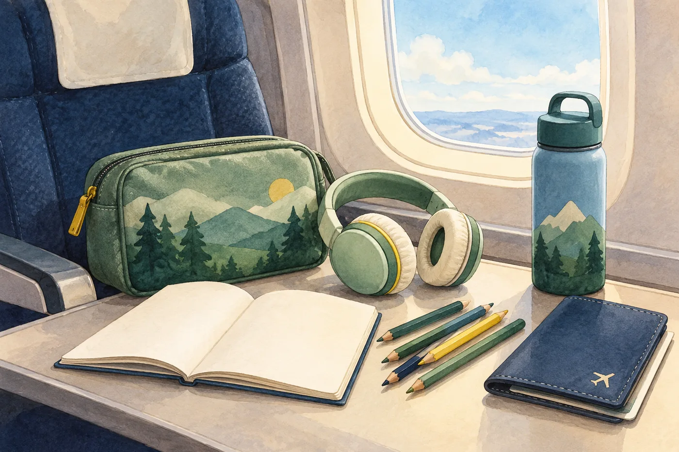 A child-ready flight kit with over-ear headphones, an open activity book, colored pencils, a water bottle and travel wallet beside an aircraft window.
