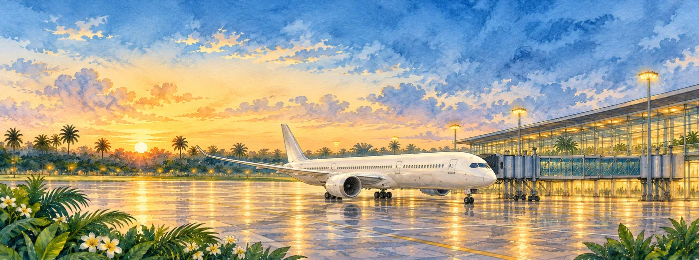 A white twin-engine Boeing 787-10 at a glass airport terminal under warm dawn light, with palms lining the apron.