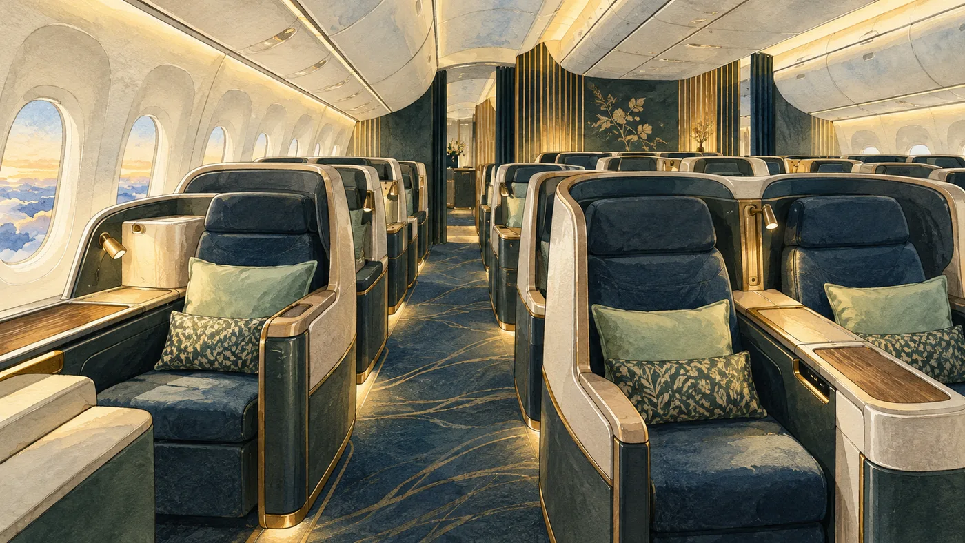 An unoccupied widebody Business cabin with individual window seats, paired center seats and soft reading lights.