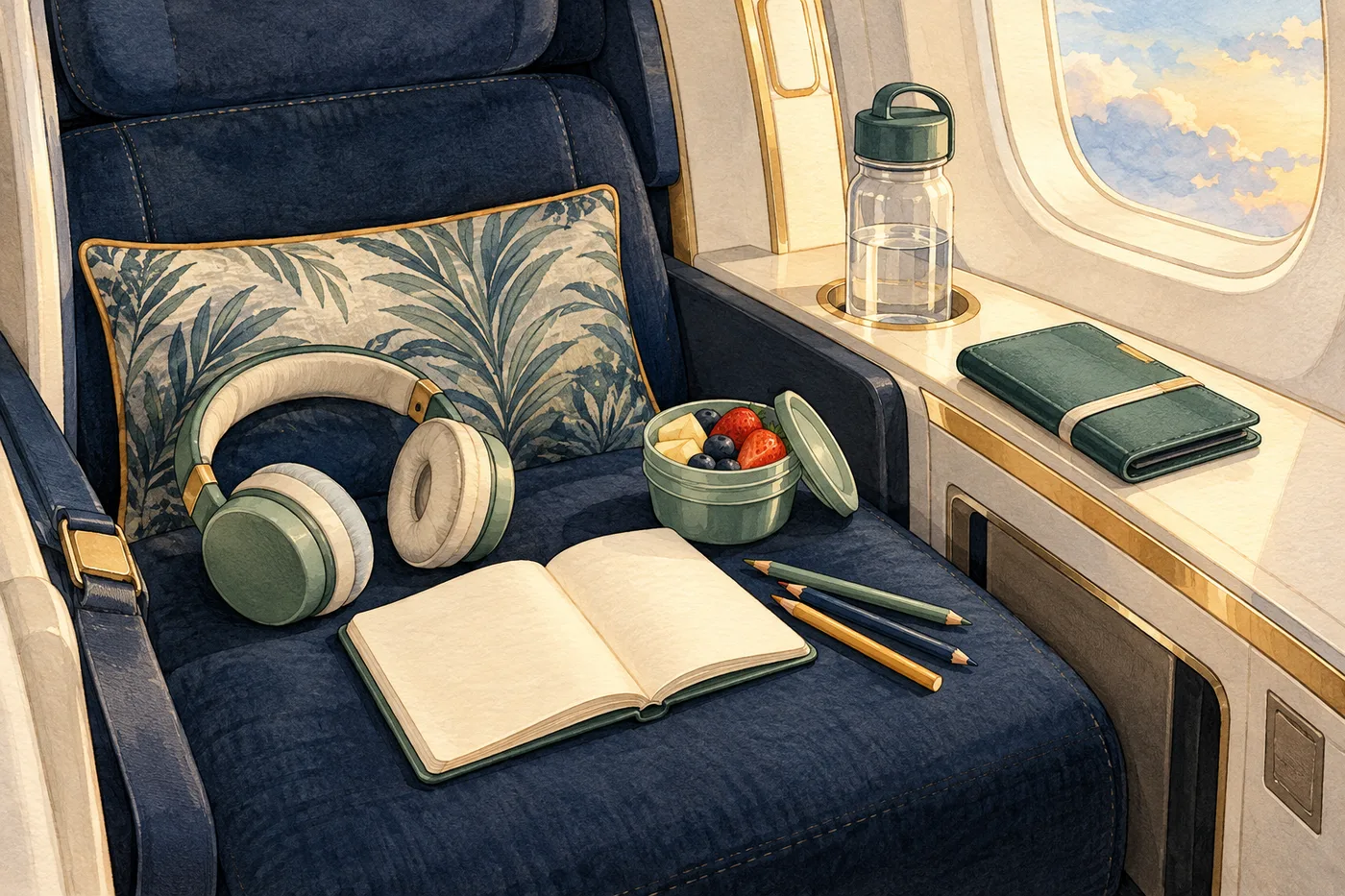 Child-sized headphones, a blank activity notebook, colored pencils, fruit and a water bottle arranged on an empty aircraft seat and console.