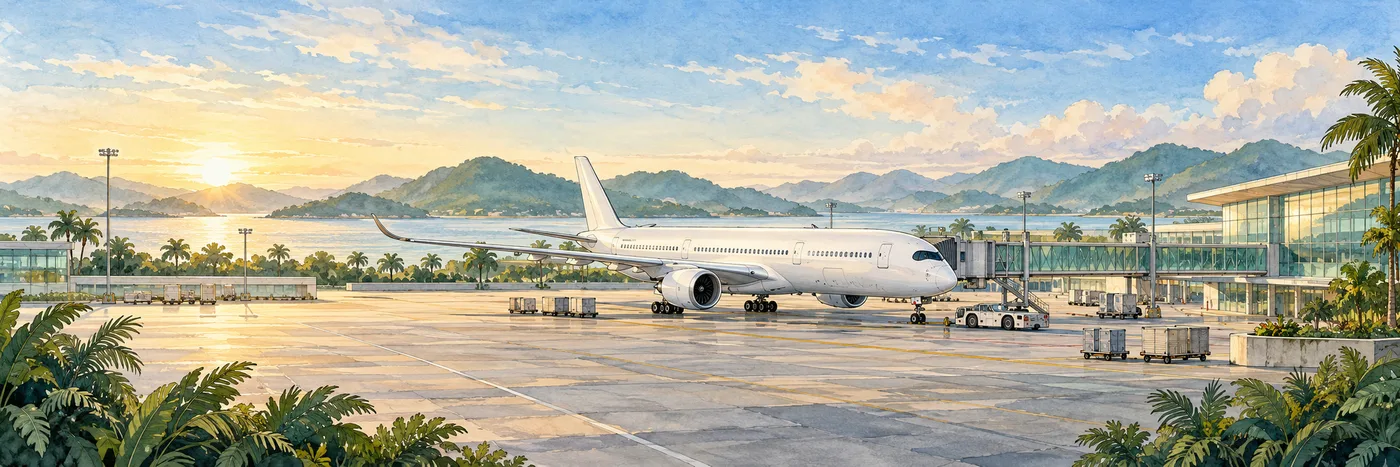 An unbranded white Airbus A350 on an airport apron beside a glass terminal in soft morning light.