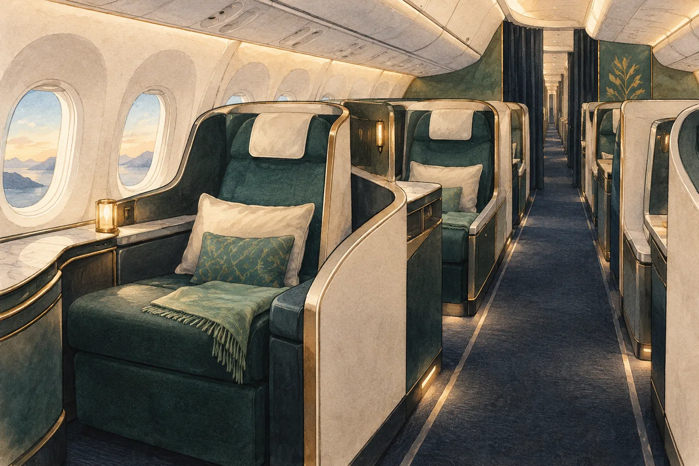 An empty premium aircraft cabin with sculpted seats, side consoles and soft reading lights along the aisle.