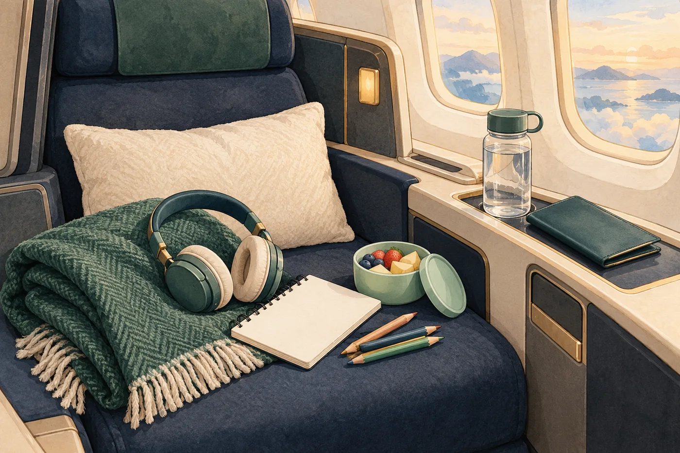 Child headphones, an activity notebook, colored pencils, fruit, water and a folded blanket arranged on an empty aircraft seat.