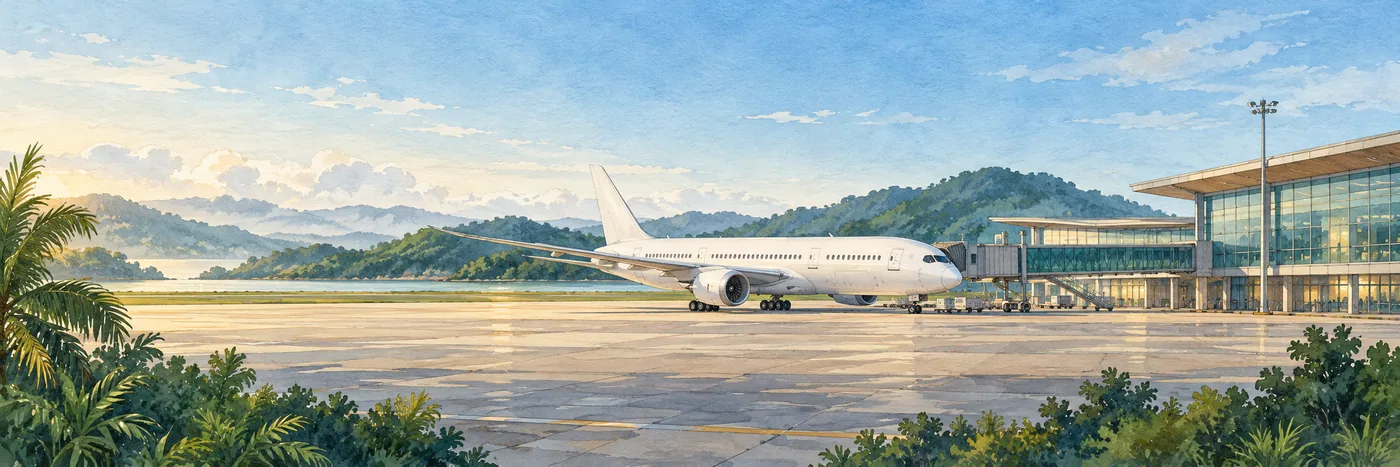 An unbranded Boeing 787 Dreamliner on an airport apron beside a glass terminal in soft morning light.