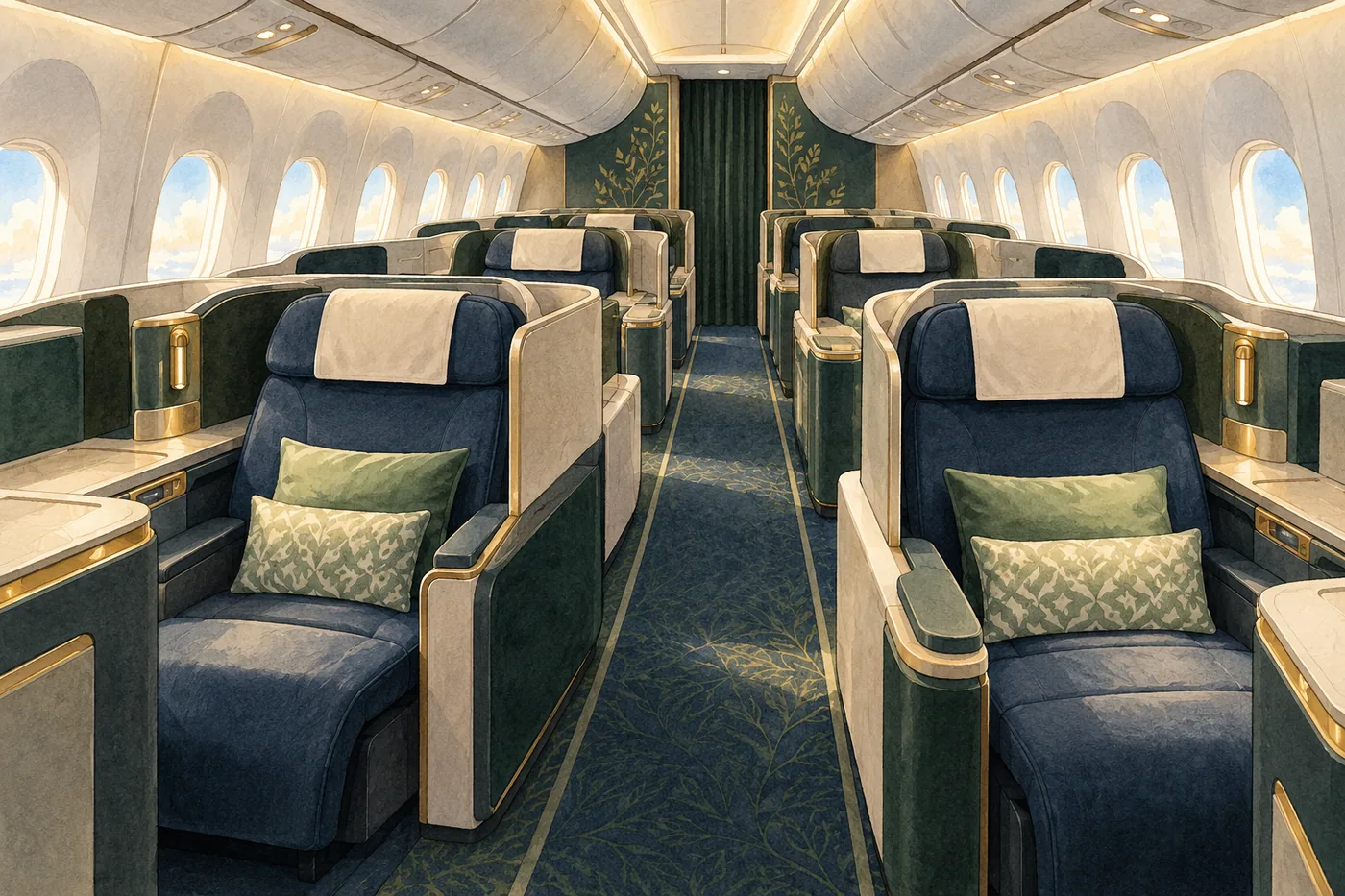 An empty premium aircraft cabin with paired lie-flat-style seats, side consoles and soft aisle lighting.