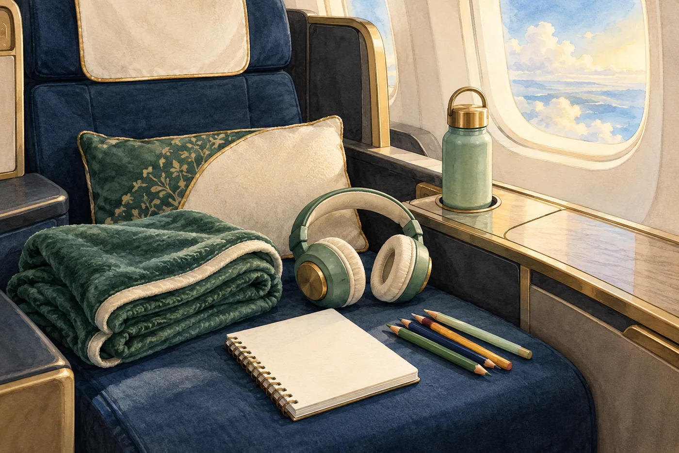 Child headphones, a blank activity notebook, colored pencils, a water bottle and a folded blanket arranged on an empty aircraft seat.