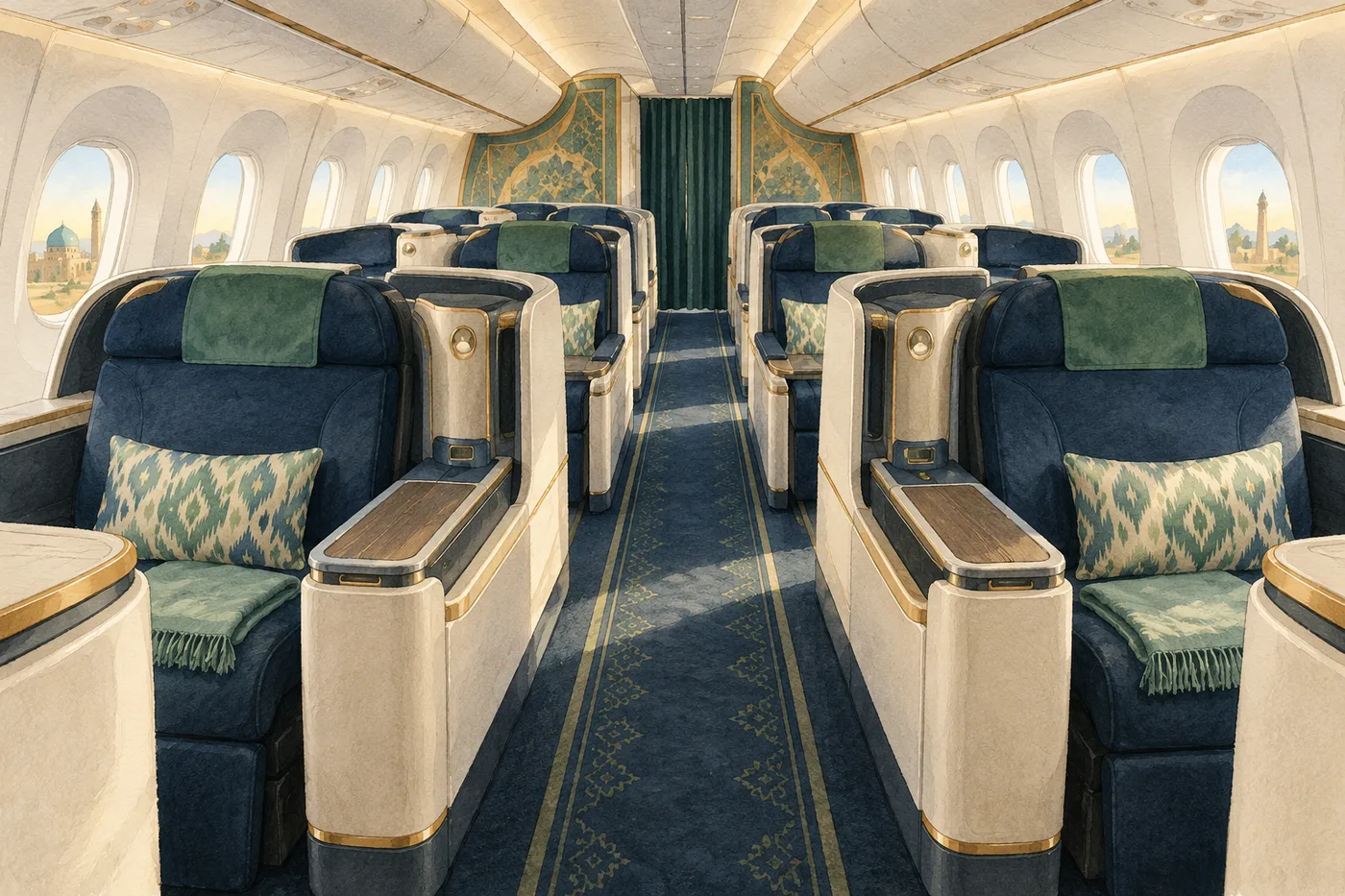 An empty premium aircraft cabin with paired seats and a central aisle.
