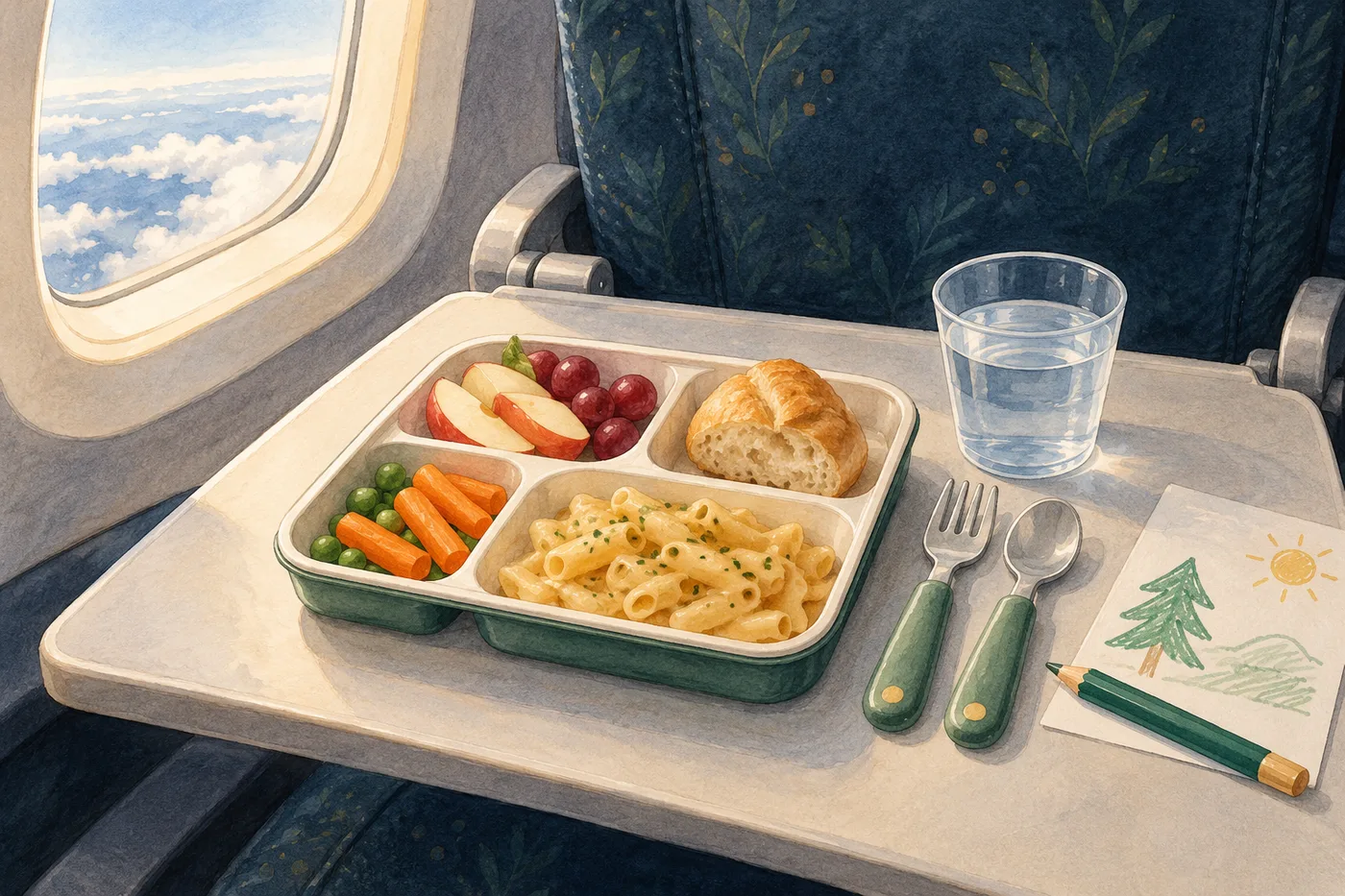 A simple child meal tray with fruit, bread and water on an aircraft table.