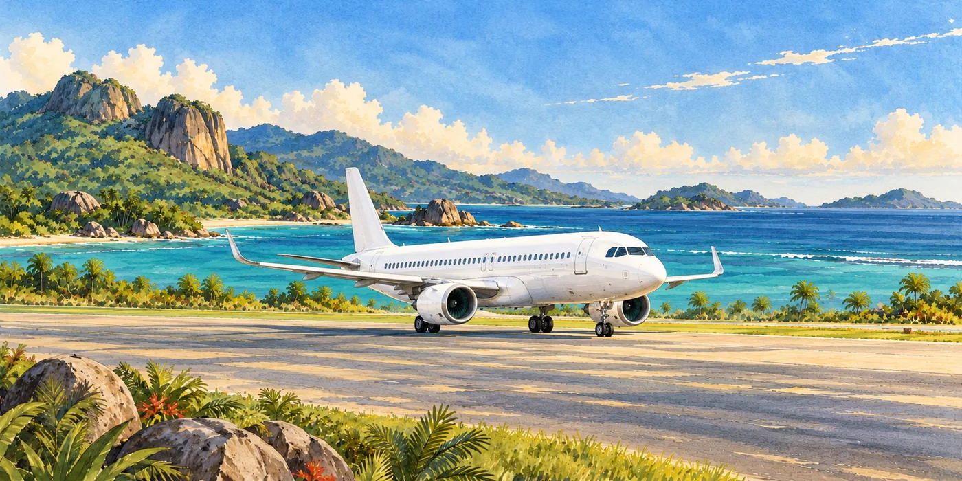 An unbranded twin-engine narrowbody jet on an island runway beside turquoise water.