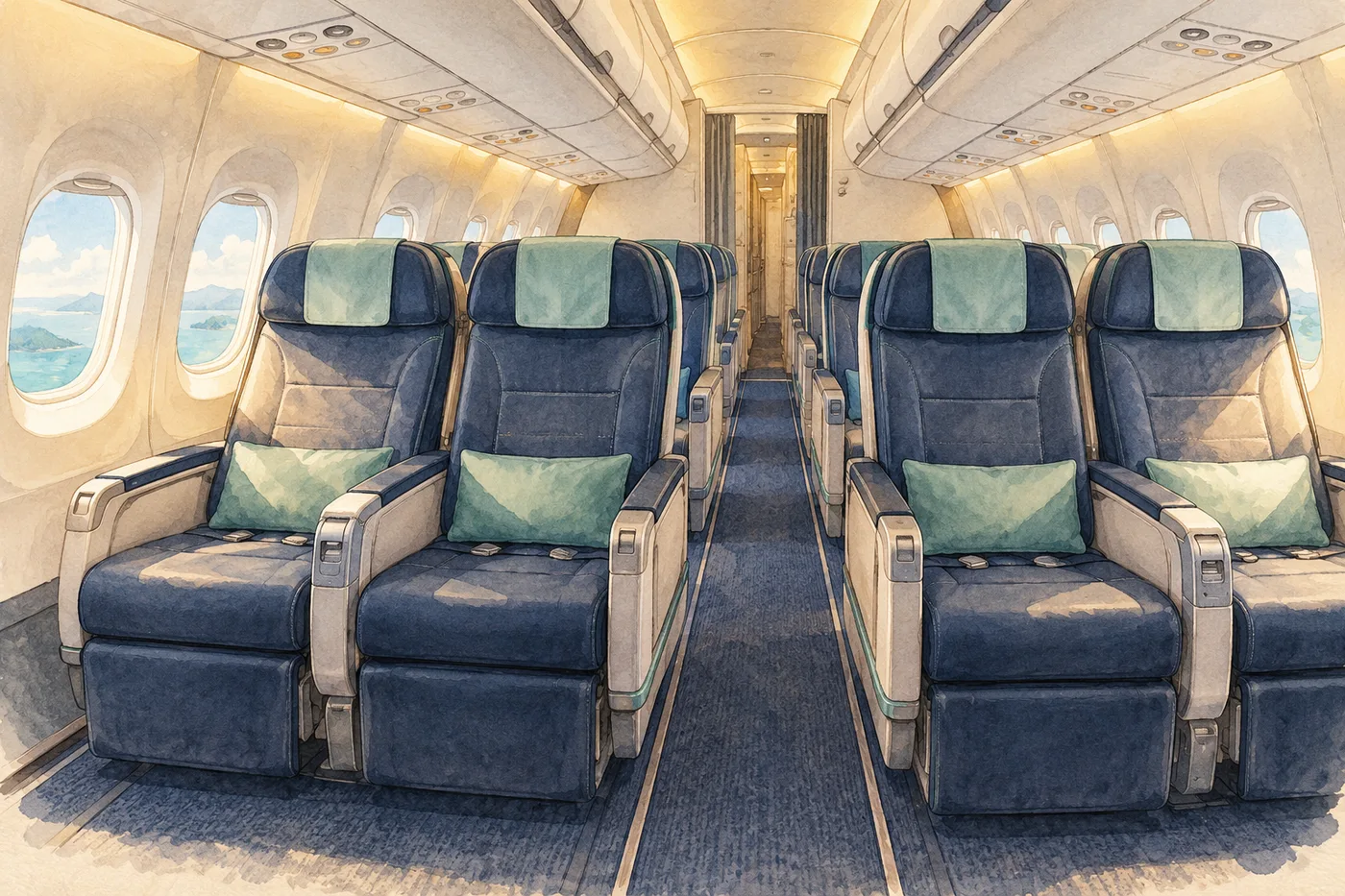 An empty narrowbody premium cabin with two paired seats on either side of the central aisle.