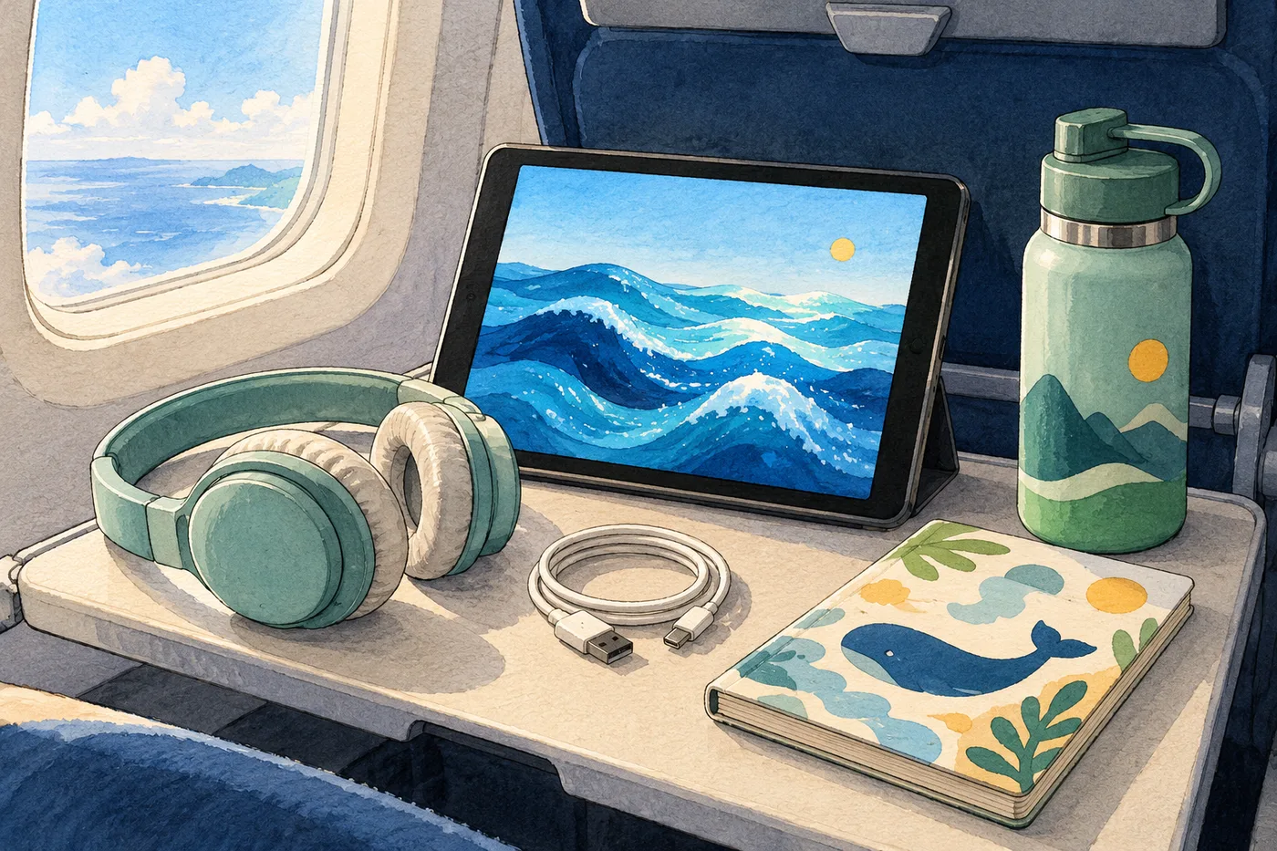 A tablet, headphones, charging cable, reusable bottle and activity book on an aircraft tray.