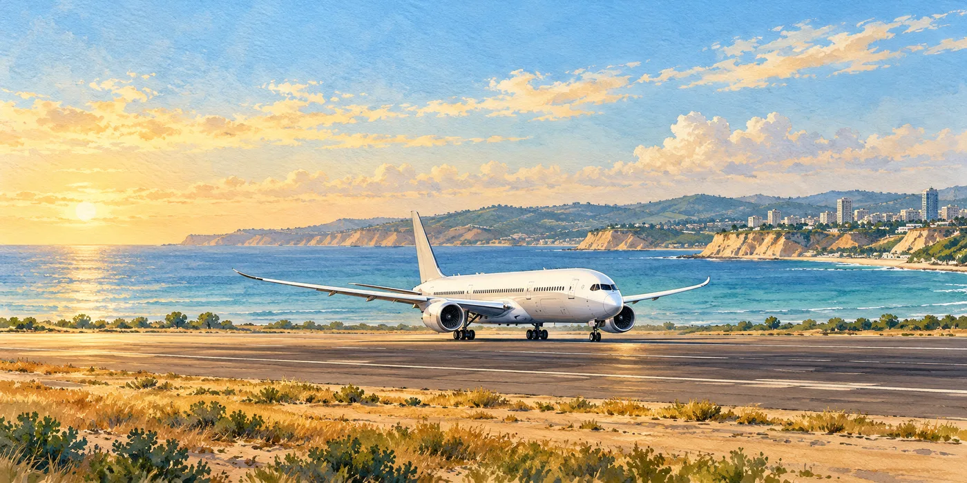An unbranded twin-engine widebody jet at a coastal airport in warm morning light.