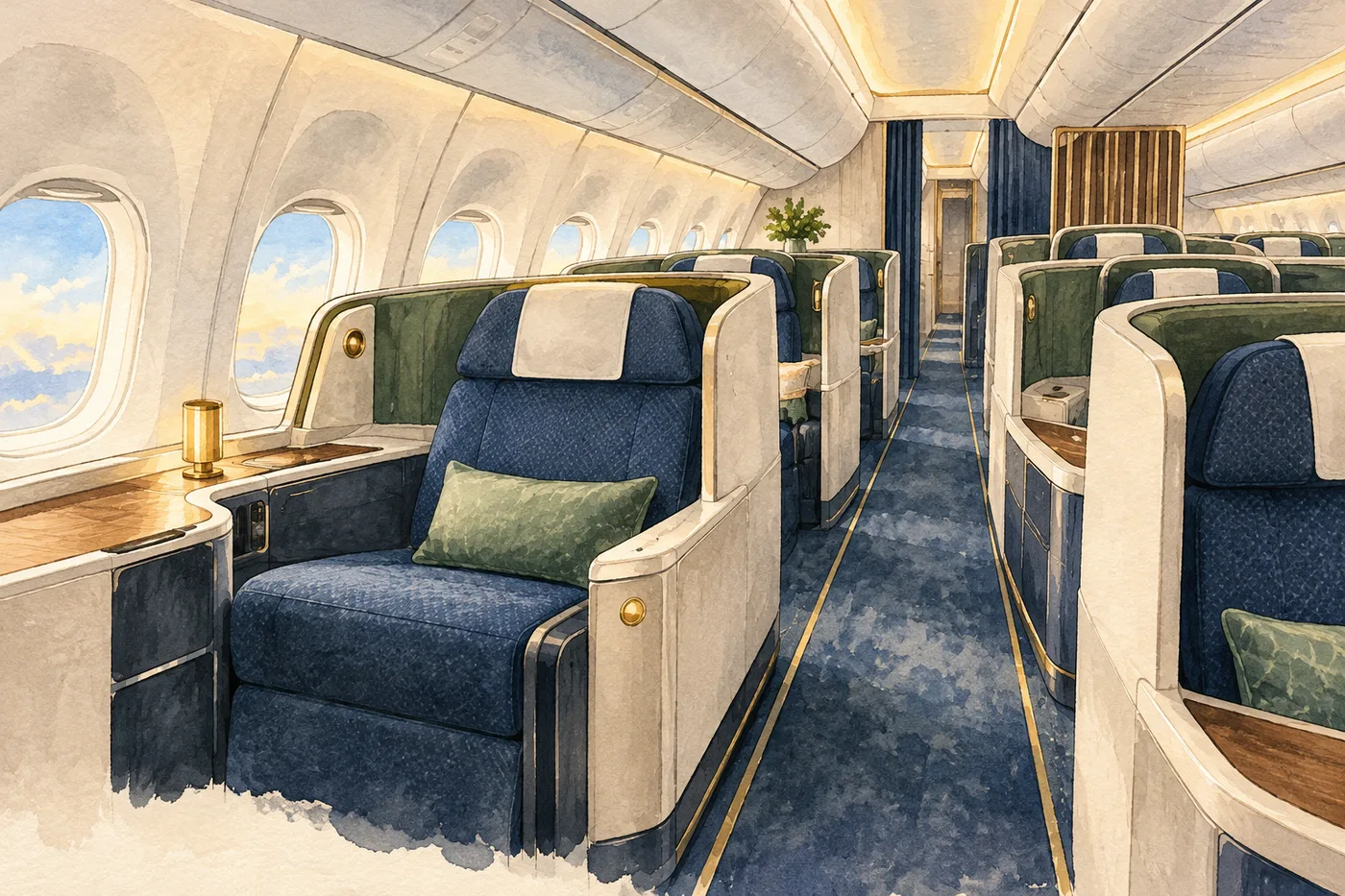 An empty generic widebody premium cabin with individual seats, privacy shells and one central aisle.