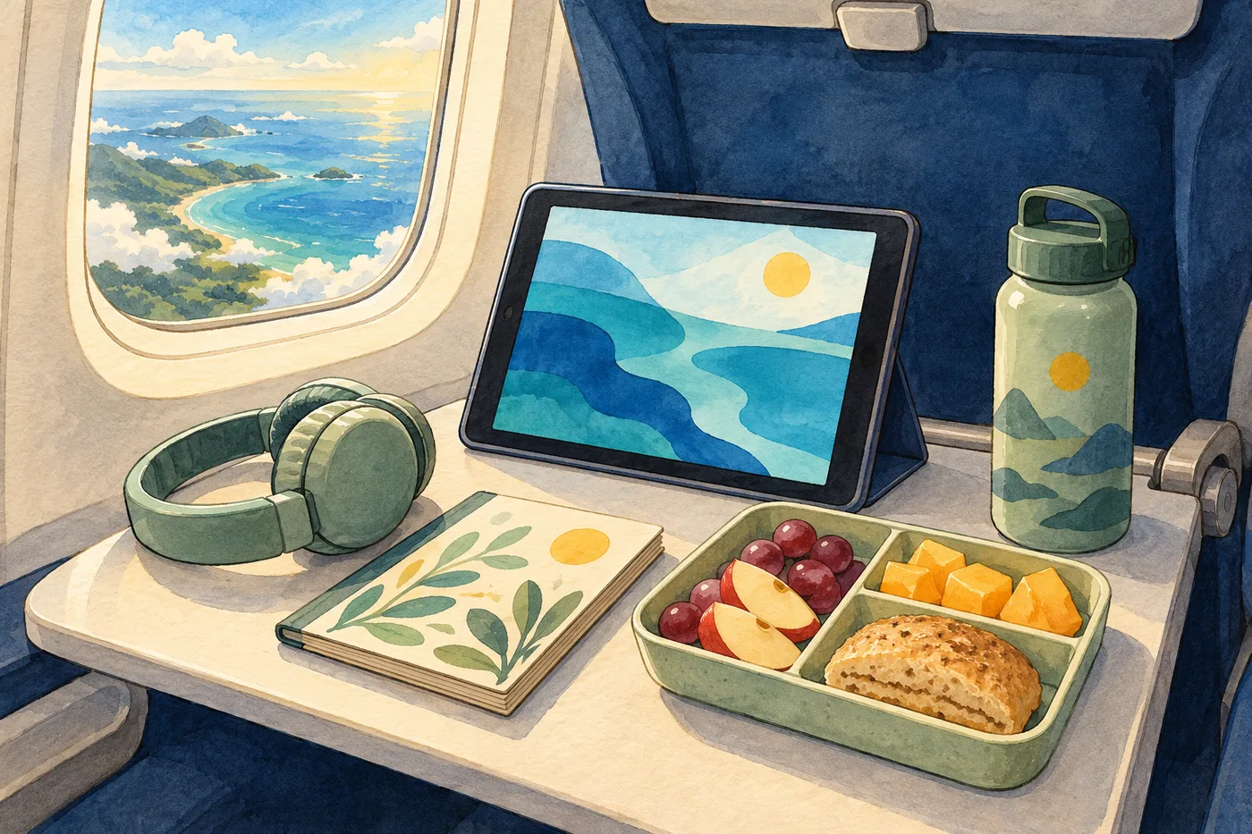 Headphones, an activity book, tablet, water bottle and a small meal tray on an aircraft table.
