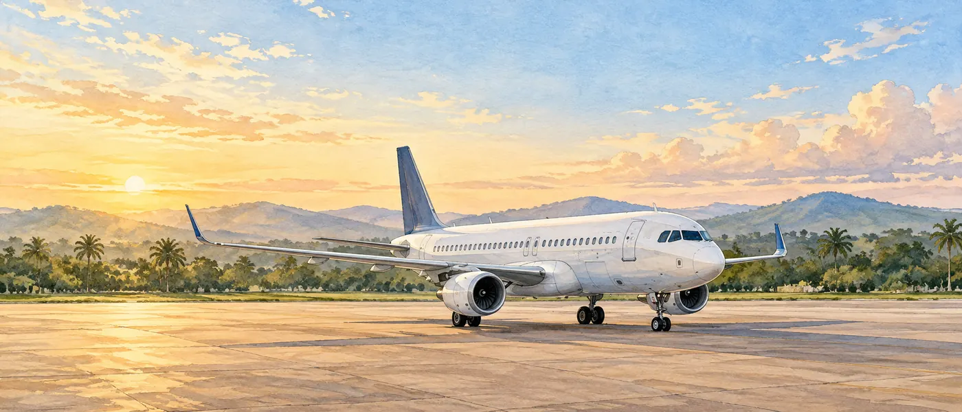 An unbranded two-engine narrowbody jet parked on a quiet airport apron at sunrise, with tropical greenery and low hills behind it.