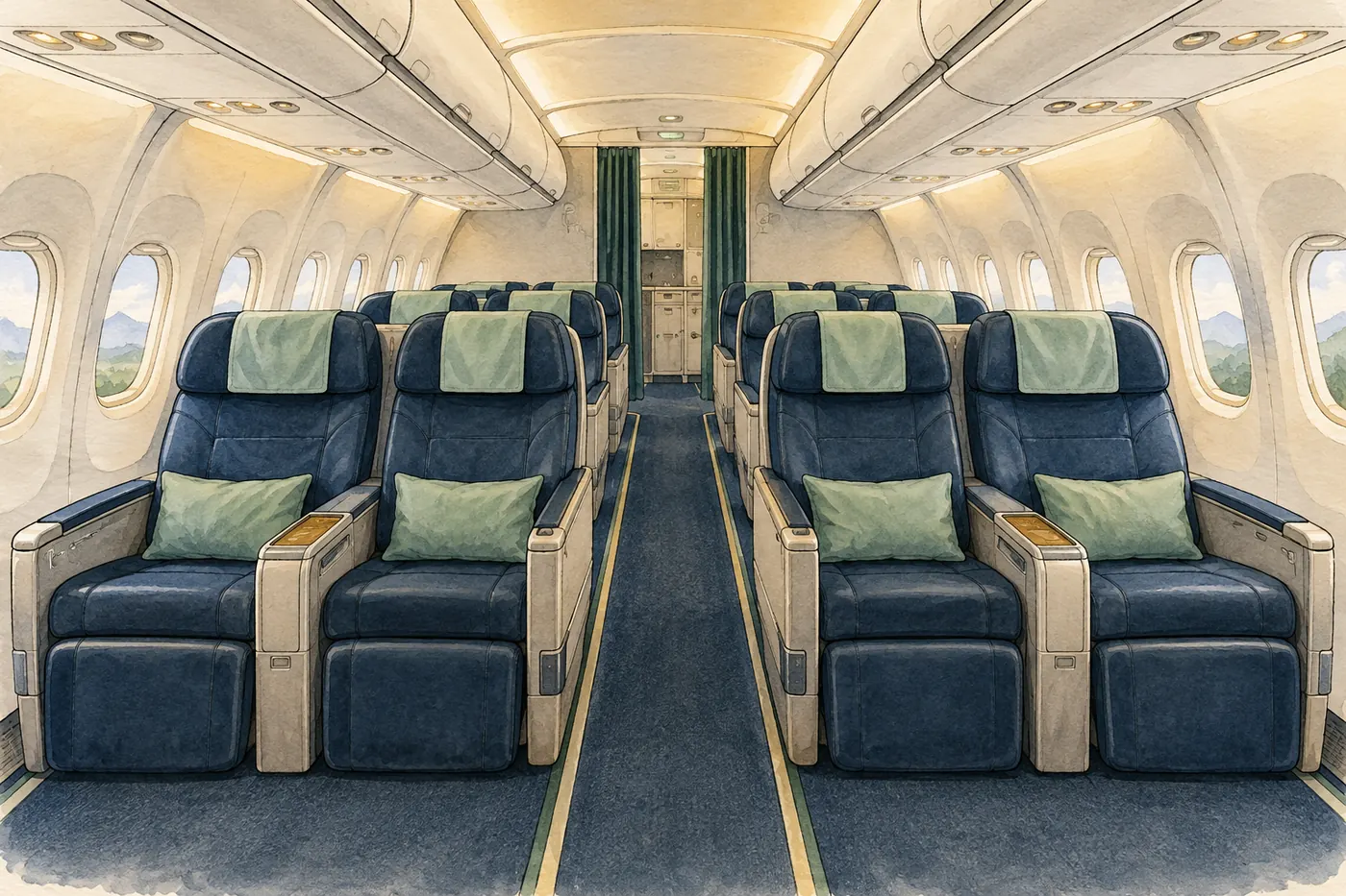 A generic empty narrowbody premium cabin with two seats on each side of a central aisle.