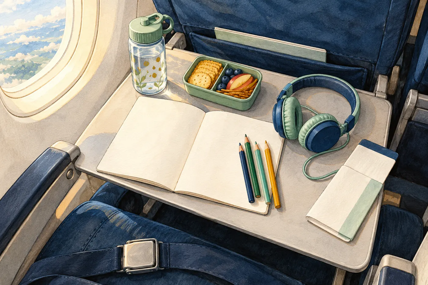 An empty aircraft seat and tray with a blank activity book, colored pencils, child-sized headphones, water bottle and snack container.