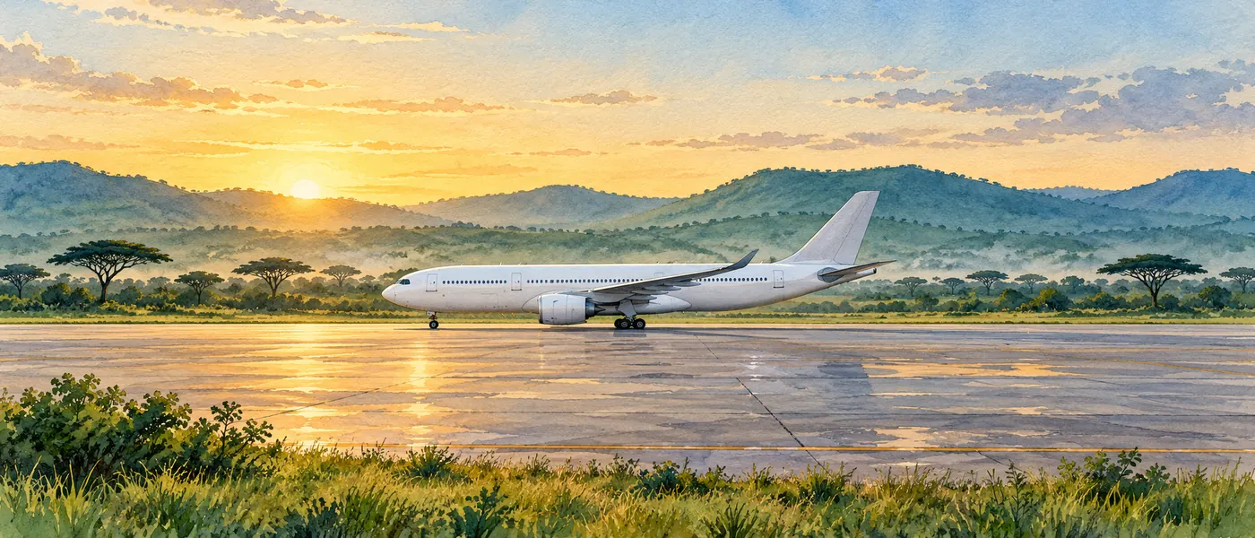 An unbranded twin-engine widebody aircraft on a quiet airport apron at dawn, with green hills in the distance.