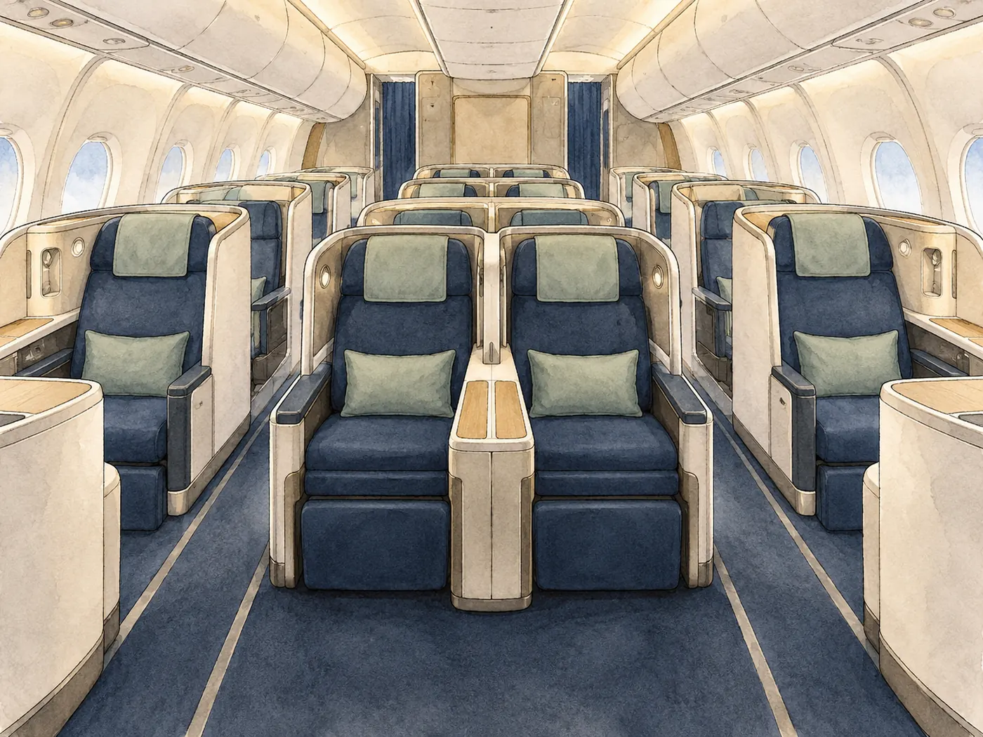 An empty, generic widebody cabin with one seat on each side and a pair of center seats, illustrating a 1-2-1 arrangement.