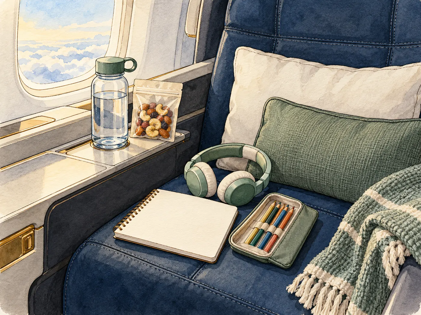 A blank activity notebook, colored pencils, child-sized headphones, a water bottle and a sealed snack on an empty aircraft seat tray.