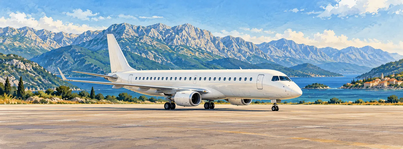 An unbranded regional jet on a runway beside the Dinaric mountains and Adriatic coast.