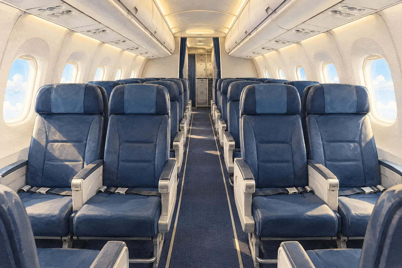 An empty generic regional cabin with two seats on each side of the aisle, illustrating a reported 2-2 layout.