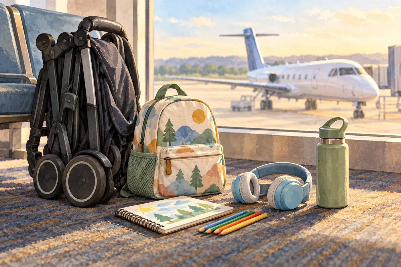 A folded stroller, child-sized travel bag, notebook, pencils, headphones and water bottle arranged beside an airport window with a regional aircraft outside.