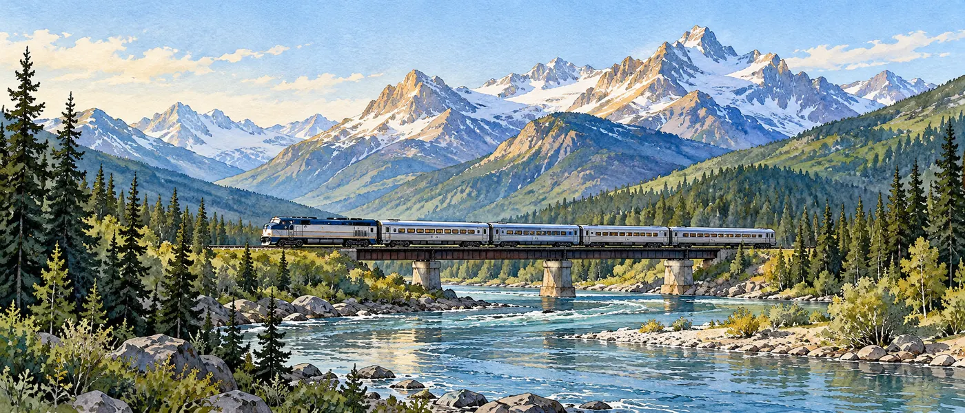 An unbranded passenger train crosses a low bridge over a river in a forested mountain valley.